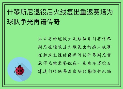 什琴斯尼退役后火线复出重返赛场为球队争光再谱传奇